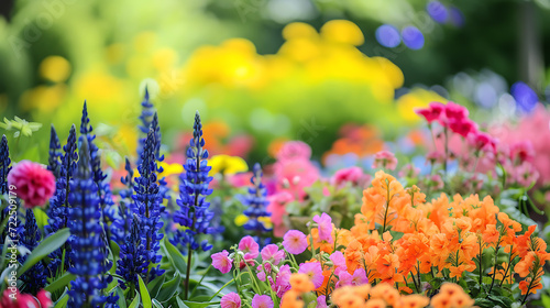 A kaleidoscope of vibrant blooms in an enchanting flower garden, bursting with color and life. Perfect for adding a touch of natural beauty to any design project.