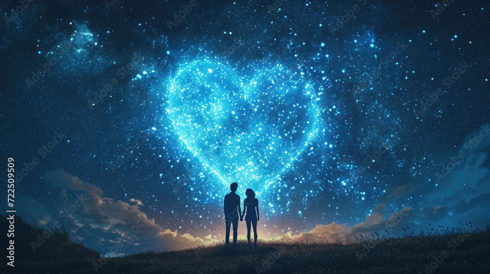 Stargazing Couple Under Heart-Shaped Galaxy