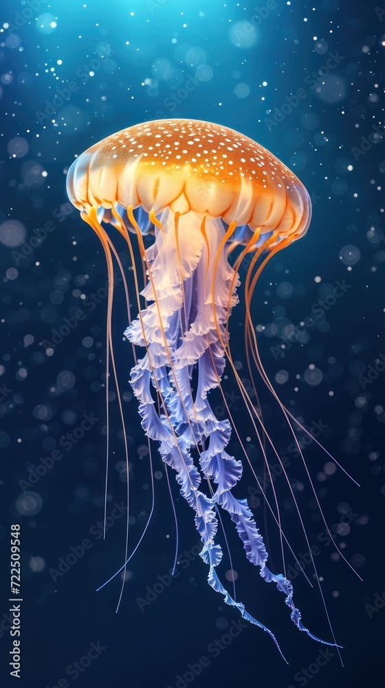 Fototapeta premium a close up of a jellyfish in a body of water with bubbles on the water and a blue sky background.