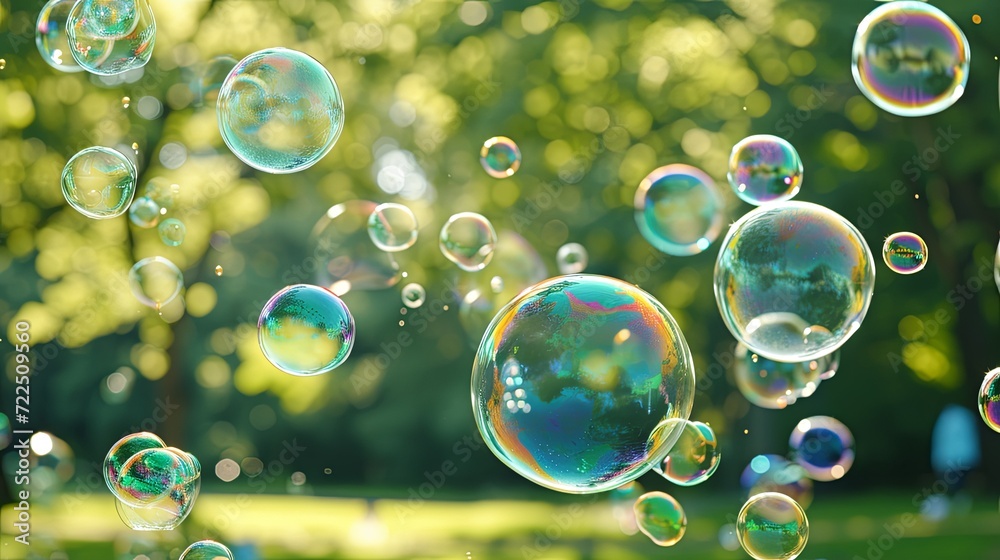 Soap bubble flying in the air in public park wallpaper background