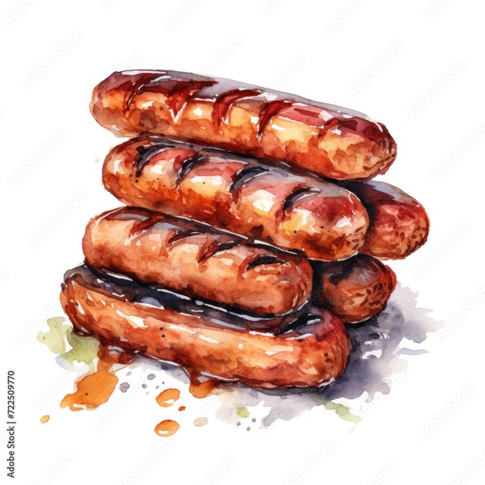 Watercolor-Style tasty grilled sausages with White Background. Watercolor-Style tasty grilled sausages with White Background.