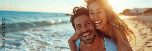 A happy casual couple are enjoying a summer vacation on the beach.