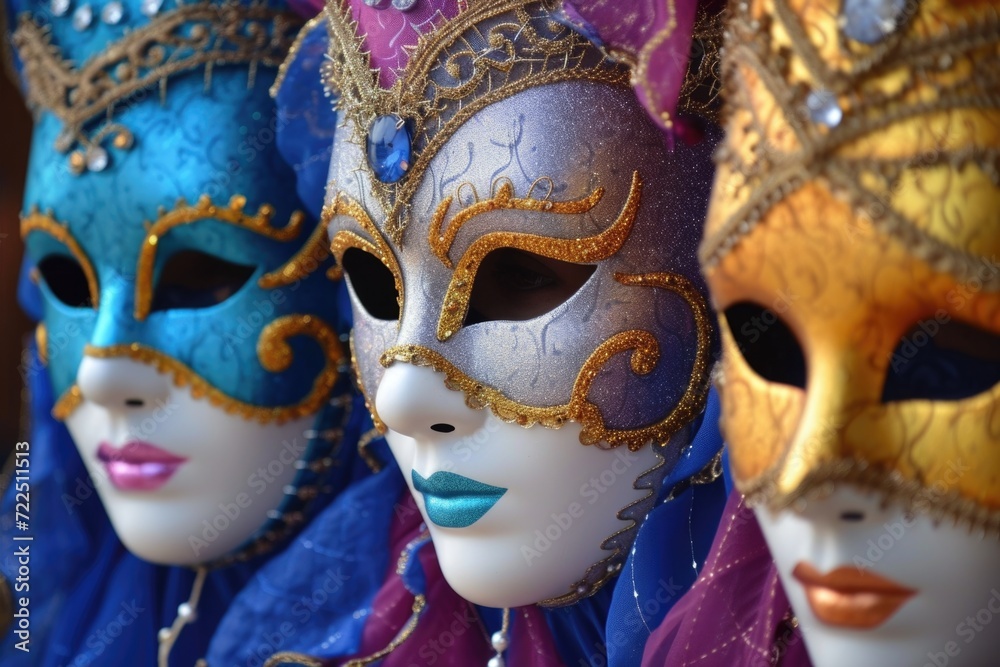 Detailed Close-Up of Vibrant Carnival Masks