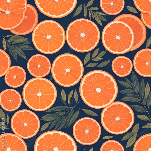 Orange Fruit Food Fresh Citrus Pattern illustration. A vibrant display of oranges and leaves, arranged for visual appeal. Various sizes of oranges, some closer and others in the background, intermingl