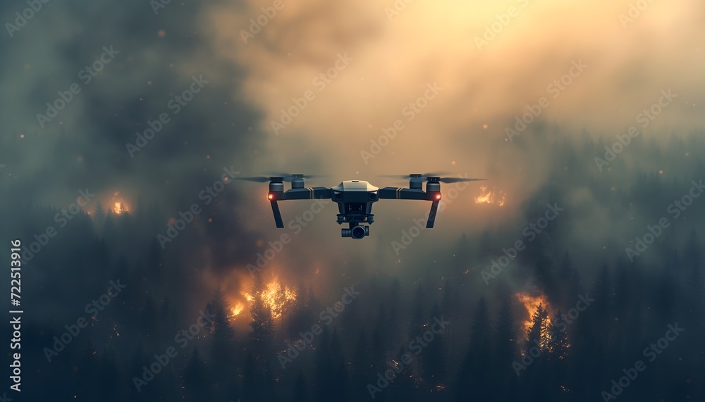 Drohne über einem Wald in Flammen (KI-/AI-generiert) - obrazy, fototapety, plakaty 