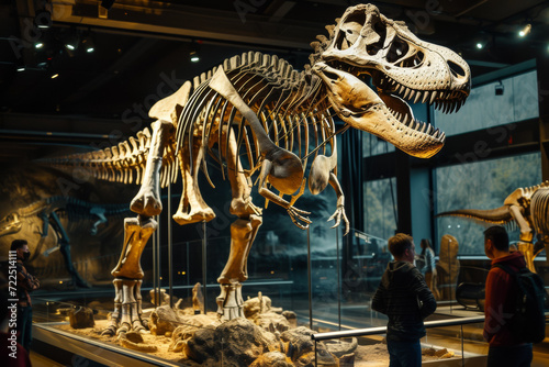 Exhibition of archaeological excavations of a dinosaur skeleton in a dark hall. Background with selective focus photo