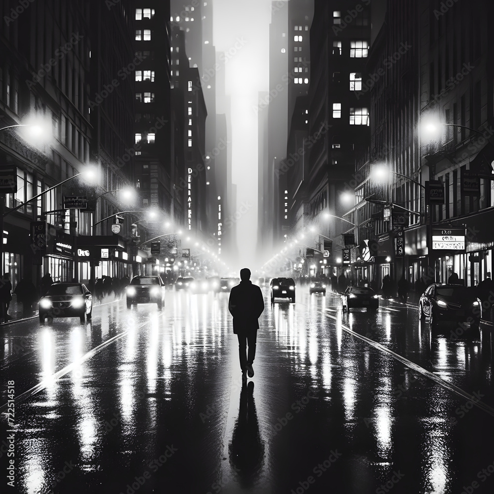 Alone in the city. Man walking in the middle of the street.