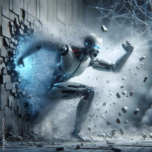 AI escape. Concept of AI technology braking the wall and running away. © masterofmoments