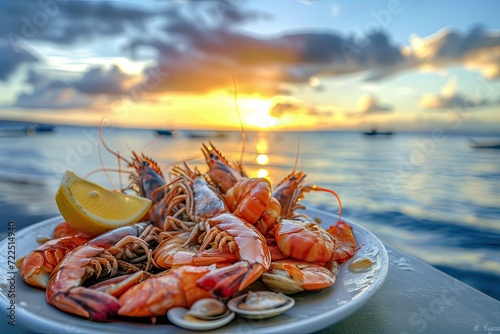 a plate with seafood ,shrimps, squid, oysters, lobsters on it near the ocean photo