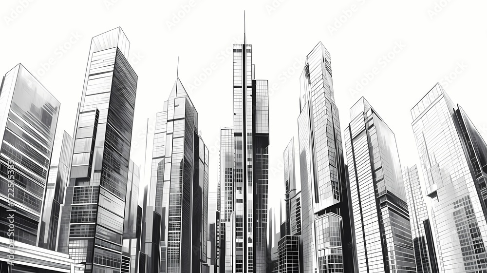 Architectural black and white line drawing of a modern skyscraper, emphasizing clean lines and the sleek aesthetic of urban design