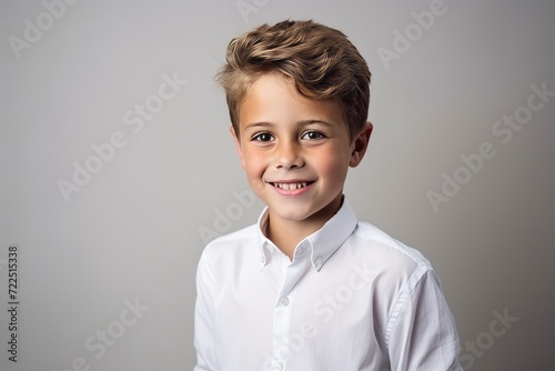 Portrait of a cute little boy in a white shirt on a gray background