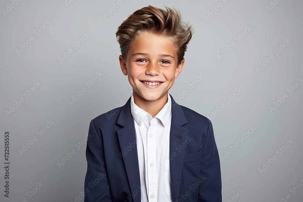 Portrait of a smiling little boy in a suit. Studio shot. - obrazy, fototapety, plakaty 