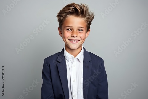 Portrait of a smiling little boy in a suit. Studio shot.