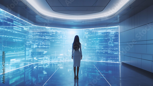 A modern businesswoman, surrounded by holographic screens in a sleek, futuristic office. This captivating digital art showcases cutting-edge technology and the dynamic nature of the business world.
