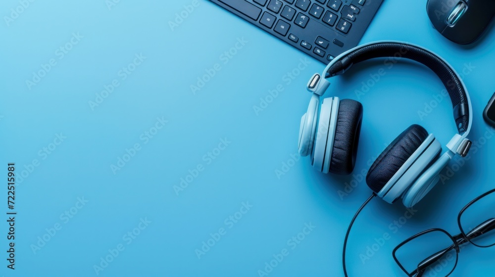 VOIP Helpdesk headset, keyboard computer notebook and mouse isolated on blue background. Communication support for callcenter and customer service Helpdesk