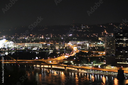 Panoramic view of downtown and river. Architecture of Downtown Pittsburgh. Southwest Pennsylvania at the confluence of the Allegheny River and the Monongahela River  the Ohio River.