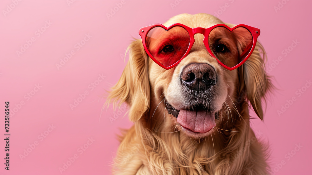 Funny portrait of a golden retriever dog wearing red heart sunglasses for Valentine's day. Copyspace