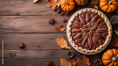 Pecan Pie with fall elements, flat lay style. Graphic banner with copyspace photo