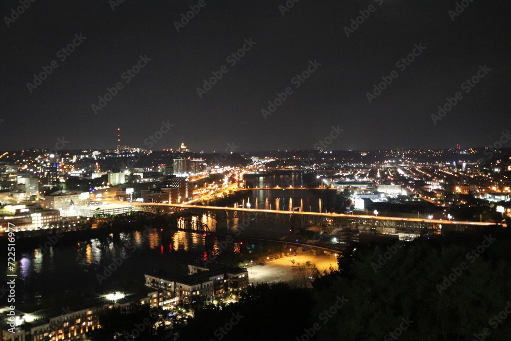 Panoramic view of downtown and river. Architecture of Downtown Pittsburgh. Southwest Pennsylvania at the confluence of the Allegheny River and the Monongahela River, the Ohio River.