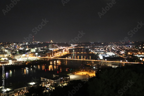 Panoramic view of downtown and river. Architecture of Downtown Pittsburgh. Southwest Pennsylvania at the confluence of the Allegheny River and the Monongahela River, the Ohio River.