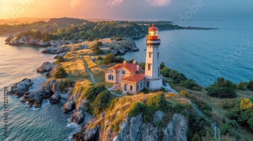 Vászonkép a light house sitting on top of a lush green hillside next to a body of water under a cloudy sky