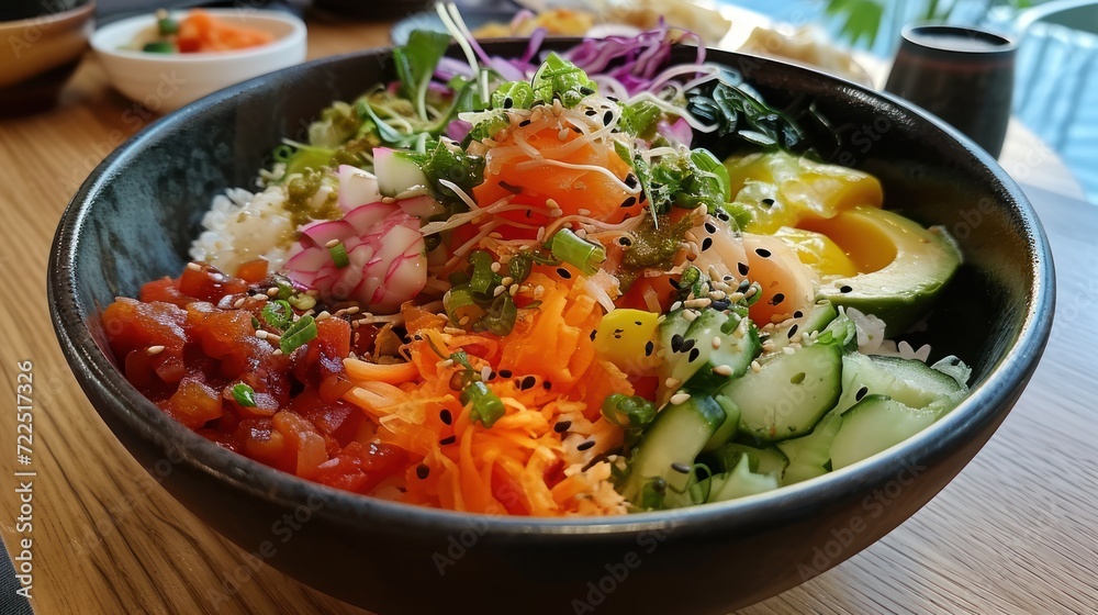  a close up of a bowl of food with veggies and sauces on the side of the bowl.