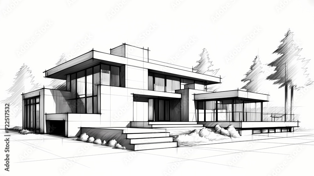 Architectural black and white line drawing of a modern house, highlighting the clean lines and simplicity of contemporary residential design