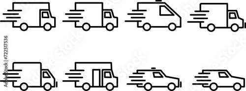 Delivery icon set. Freight transportation. Car, truck and passenger van icon. Transportation services. Vector illustration.