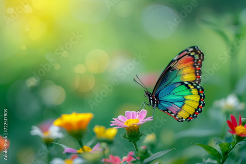 Butterfly on a spring flower. Background with selective focus and copy space