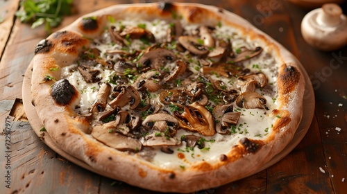 mushroom truffle pizza with a thin, chewy crust, rich truffle cream sauce, earthy wild mushrooms, and a sprinkle of fragrant truffle oil photo