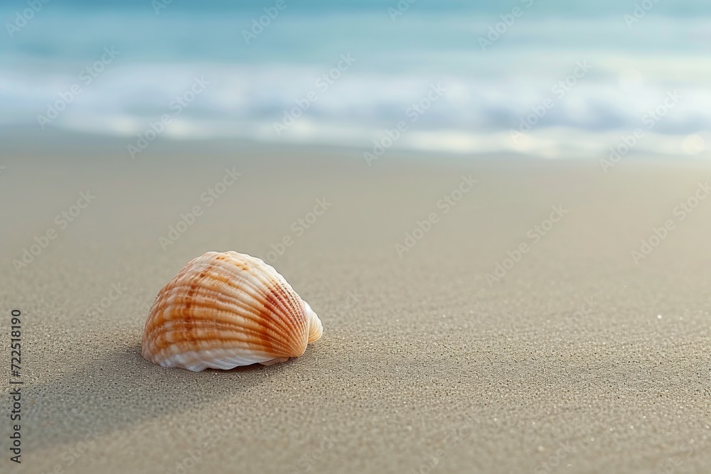 A solitary shell on the sandy beach, abandoned by its invertebrate owner, stands as a symbol of the ocean's mysterious and ever-changing beauty A solitary shell on the sandy beach, abandoned by its invertebrate owner, stands as a symbol of the ocean's mysterious and ever-changing beauty