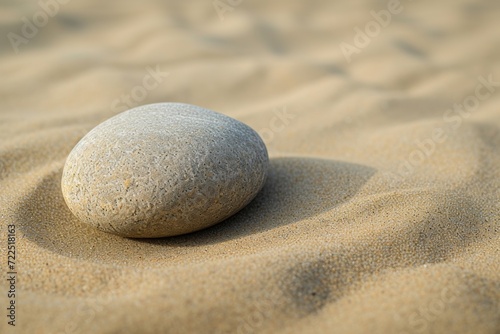 A solitary rock stands defiantly upon the soft, sandy ground of the tranquil beach, a symbol of strength and resilience amidst the calming embrace of nature