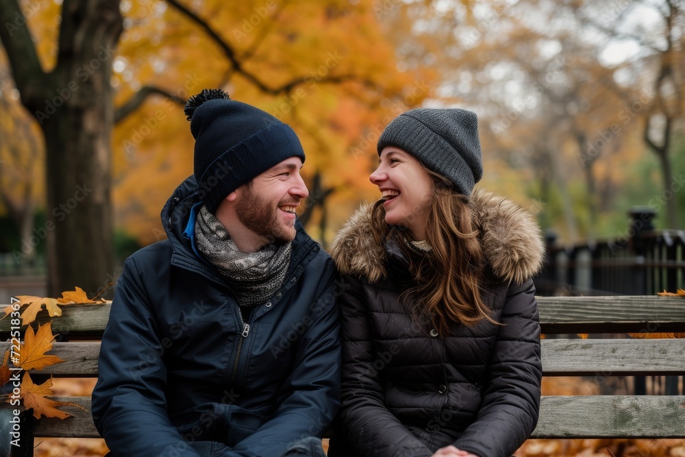 A couple wrapped in warm clothing sits on a wooden bench in the park, enjoying the autumn breeze and the colorful trees, the woman's smile shining through her scarf as they bask in the beauty of the 