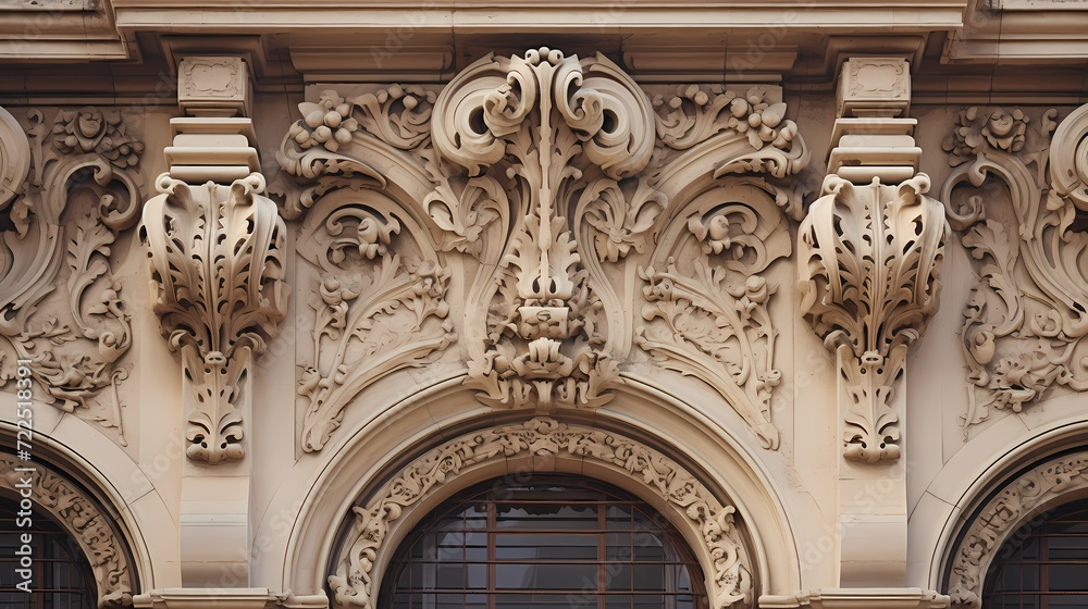 Architectural details of a historic building with intricate carvings and textures