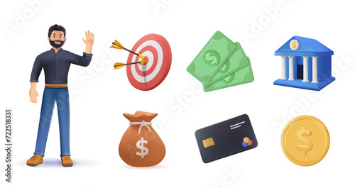 Business 3d vector icon set. Business target, coin, money bag, credit card, money, bank, businessman. Render vector objects isolated on white. Collection of financial investment UI illustrations