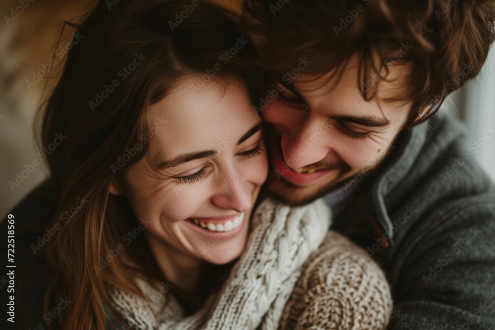 A happy couple in love, dressed in stylish clothing, share a smile and laughter as their eyes meet, radiating joy and affection in an indoor setting A happy couple in love, dressed in stylish clothing, share a smile and laughter as their eyes meet, radiating joy and affection in an indoor setting