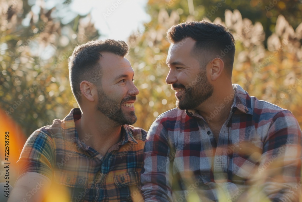 Two men share a warm moment outdoors, their plaid shirts and beaming smiles reflecting their close bond amidst the tranquil trees Two men share a warm moment outdoors, their plaid shirts and beaming smiles reflecting their close bond amidst the tranquil trees
