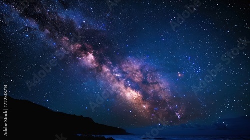  the night sky is filled with stars and the milky shines brightly above the ocean and a hill in the foreground.