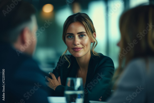 Woman at a business meeting. Background with selective focus and copy space