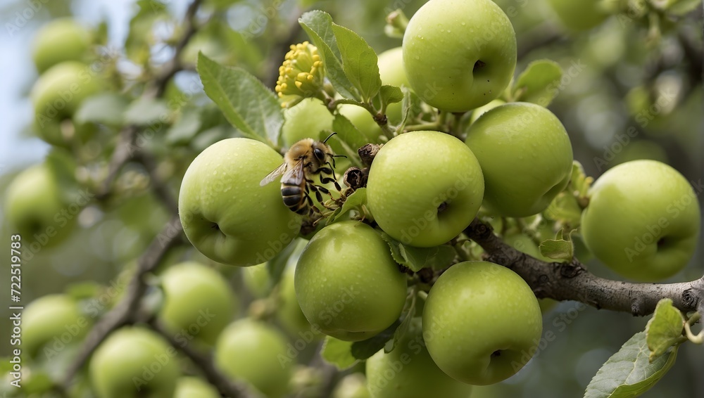 Close-up of a branch on an apple tree, with ripe green apples and a bee pollinating. generative AI