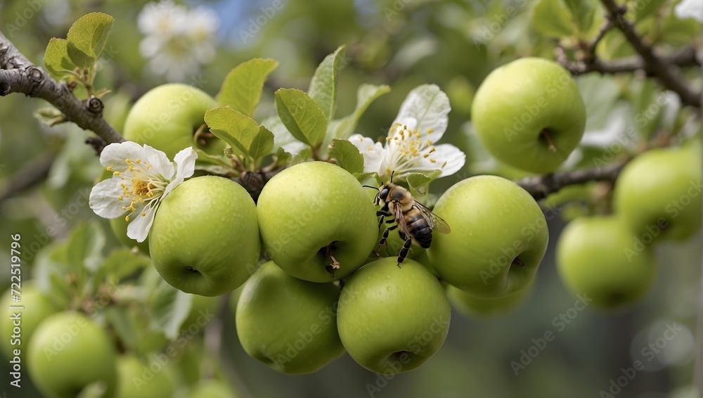 Close-up of a branch on an apple tree, with ripe green apples and a bee pollinating. generative AI Close-up of a branch on an apple tree, with ripe green apples and a bee pollinating. generative AI