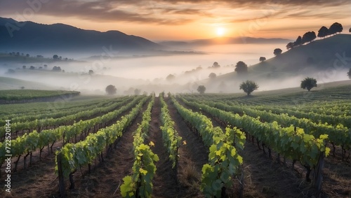 Rows of grapevines in a foggy valley at dawn  mysterious and serene. generative AI