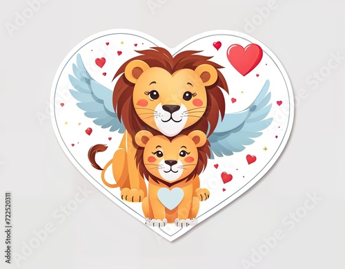 sticker with a cartoon cute lion and baby inside a heart