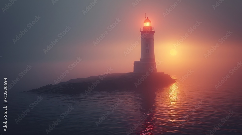  a lighthouse sitting on top of a small island in the middle of a body of water with the sun behind it.