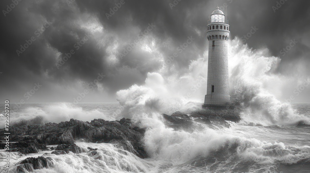 a black and white photo of a lighthouse in the middle of a large body of water with waves crashing around it.