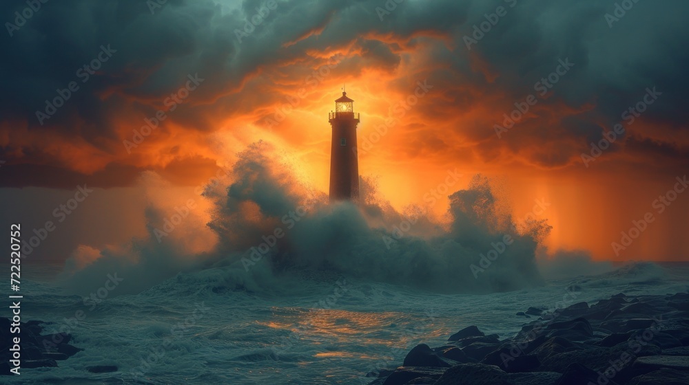  a lighthouse that is in the middle of a body of water with a lot of waves in front of it.