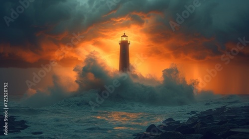  a lighthouse that is in the middle of a body of water with a lot of waves in front of it.