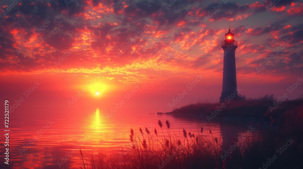  a lighthouse on a small island in the middle of a body of water with the sun setting in the background.
