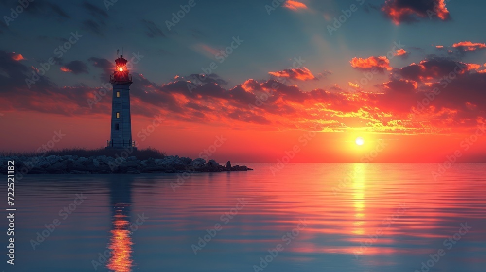  a lighthouse sitting in the middle of a body of water with the sun setting behind it and clouds in the sky.