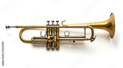 A striking, gleaming trumpet stands proudly against a clean white background, ready to enchant the world with its soulful melodies.